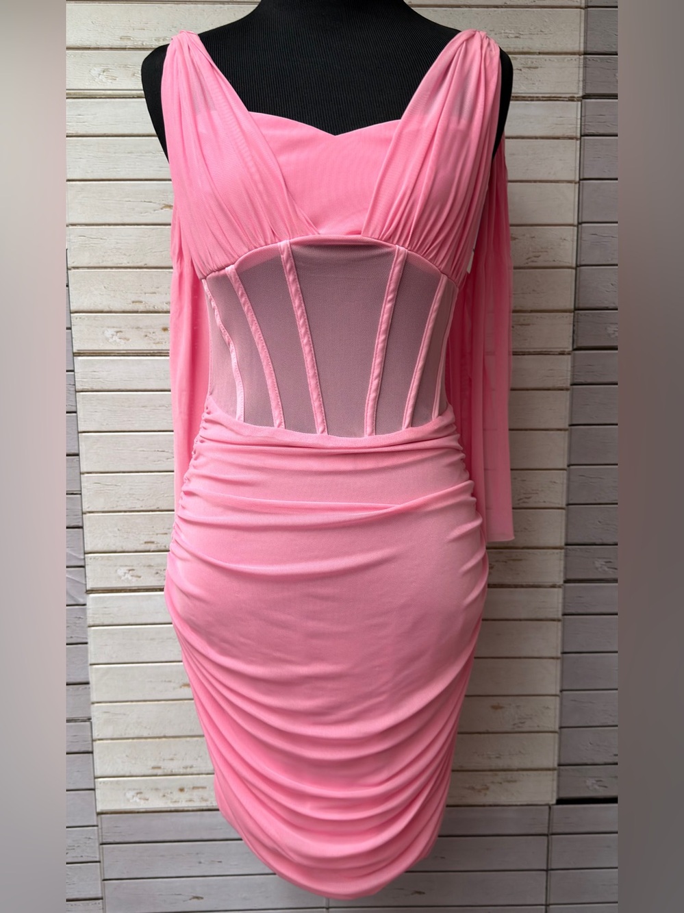 🍀3/$30 Sheer Corset Pink Ruched Midi Dress